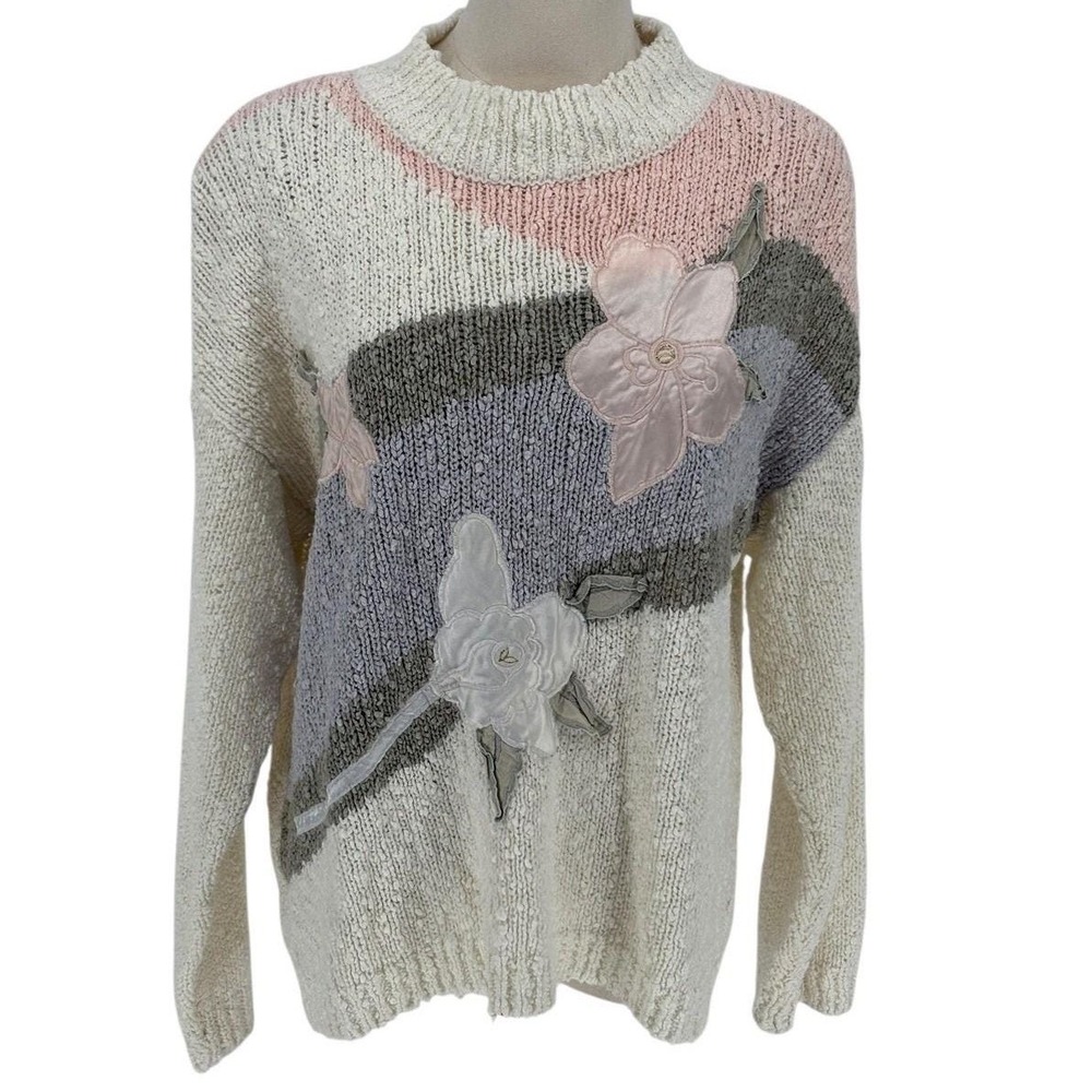 VTG Colleen's Collectables Women's Cream Floral Applique‎ Knit Mock Neck Sweater